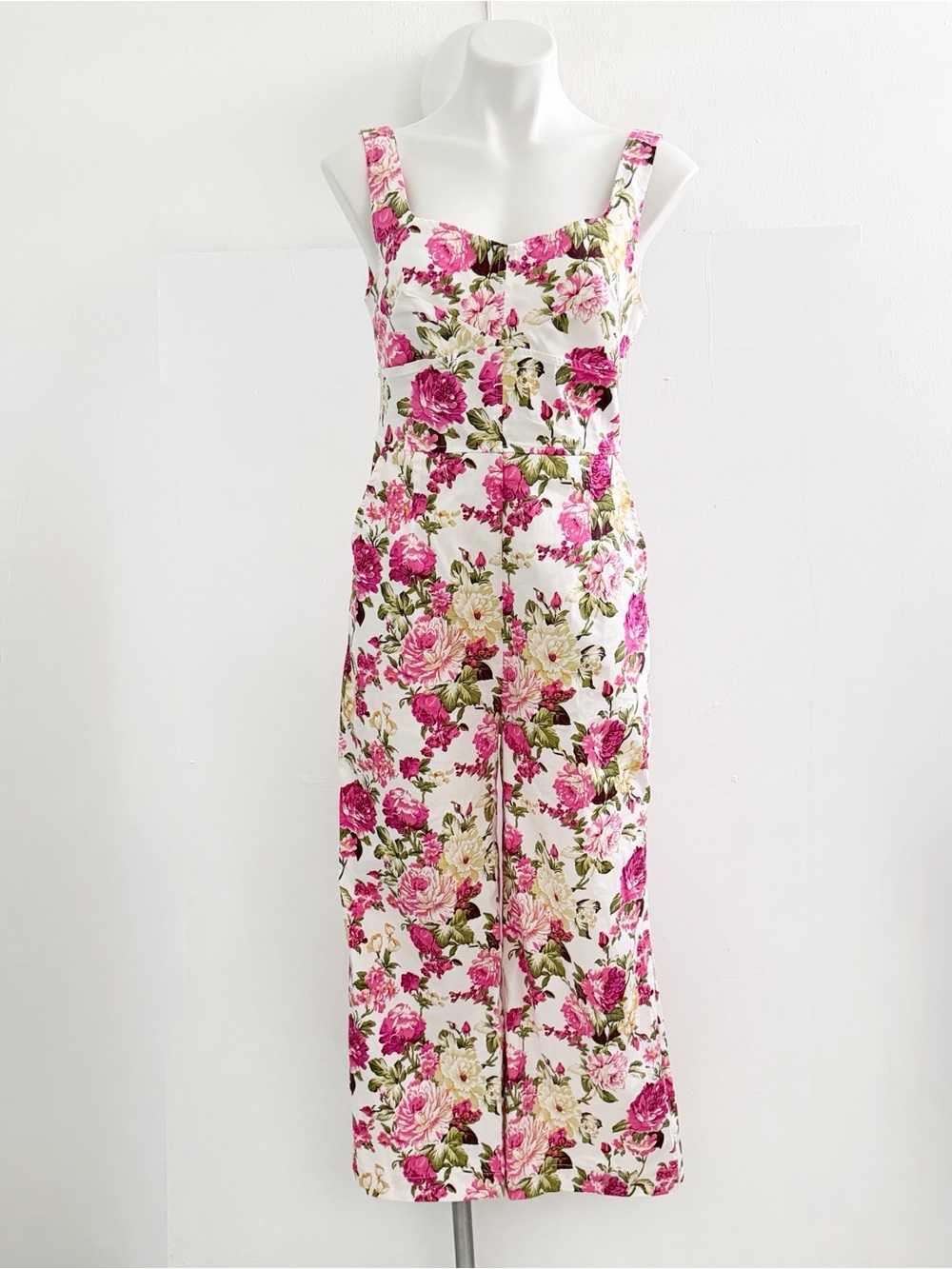 eesome Cream Floral Square-Neck Wide-Leg Jumpsuit with Pink Roses